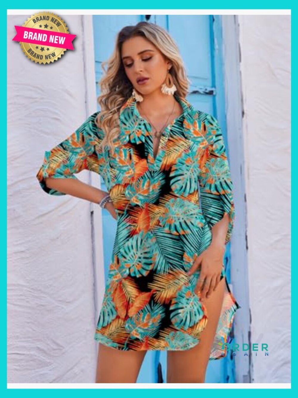 Loose Fit Half Sleeve Beach Cover Up Dress with V-Neck and Side Split - Picture 4 of 7